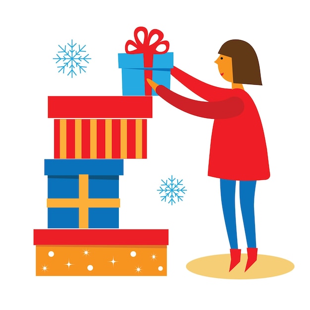 Femme prenant une boîte-cadeau. Concept de Noël avec femme et cadeaux de Noël