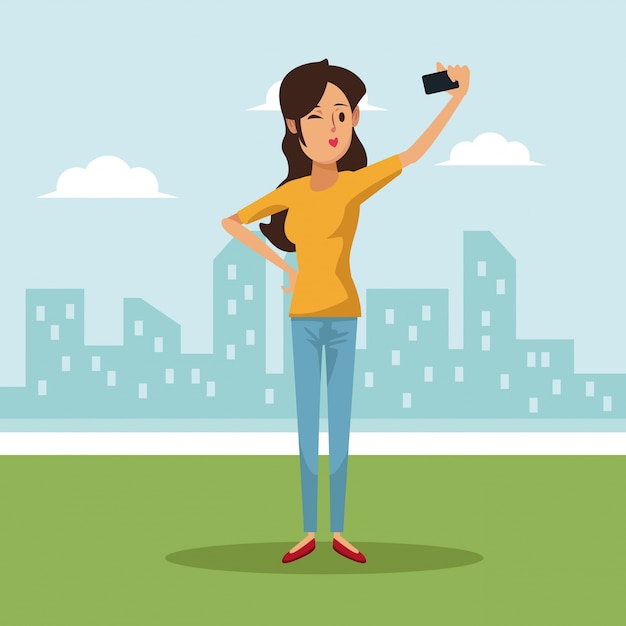 Vecteur femme prenant une communication de réseau social selfie