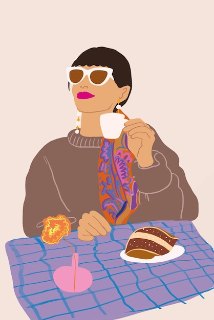 Femme Prenant Un Petit Déjeuner Italien Assis Près De La Table Avec Illustration Vectorielle De Tissu à Carreaux