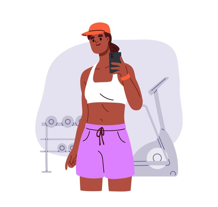 Vecteur la femme prend la photo au téléphone portable dans le gymnase. jeune fille mince et selfie de fitness après l'entraînement sportif. heureuse femme en vêtements de sport, tenant un smartphone. illustration vectorielle plane isolée sur fond blanc.