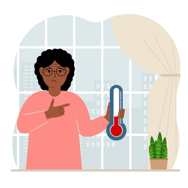 Vecteur une femme près de la fenêtre avec un appareil pour mesurer la température dans la pièce