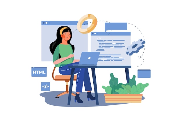 femme, programmation, sur, a, ordinateur portable, illustration