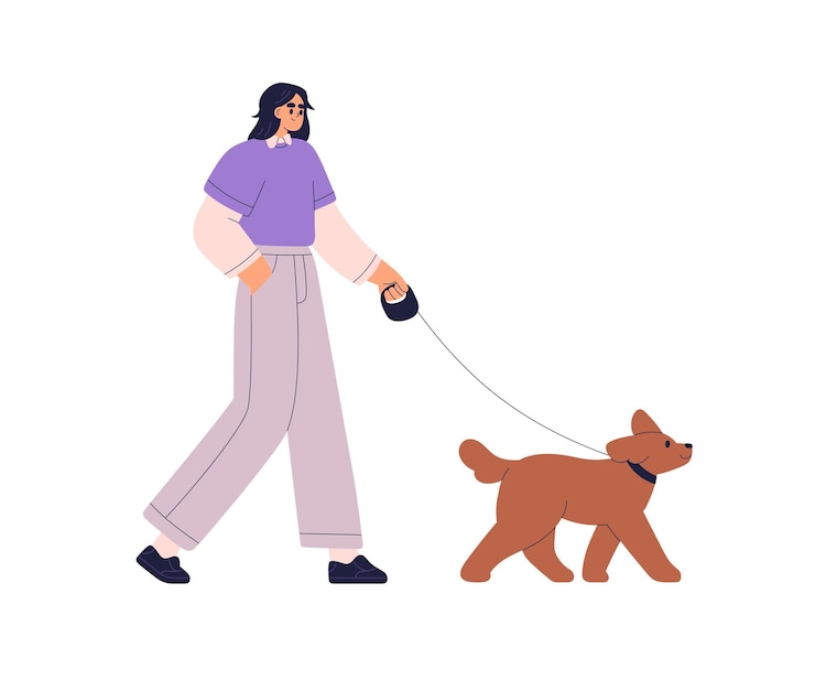 Vecteur femme promenant un chien mignon en laisse le propriétaire de l'animal de compagnie se promène à l'extérieur menant un profil de chiot heureux la femelle et le chiot de compagnon dans la rue illustration vectorielle plate isolée sur fond blanc
