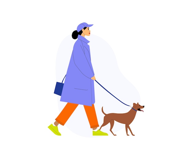 Une femme promène son chien Illustration du style de vie urbain et des soins pour animaux de compagnie