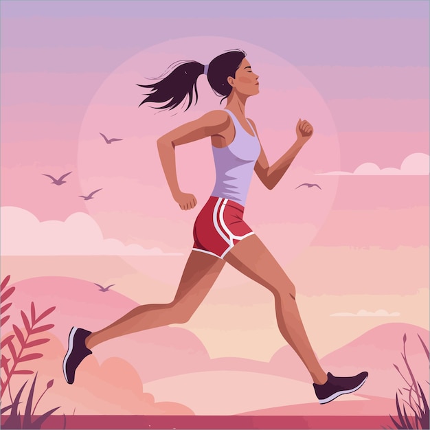 Femme qui court au coucher du soleil paysage fitness illustration de course