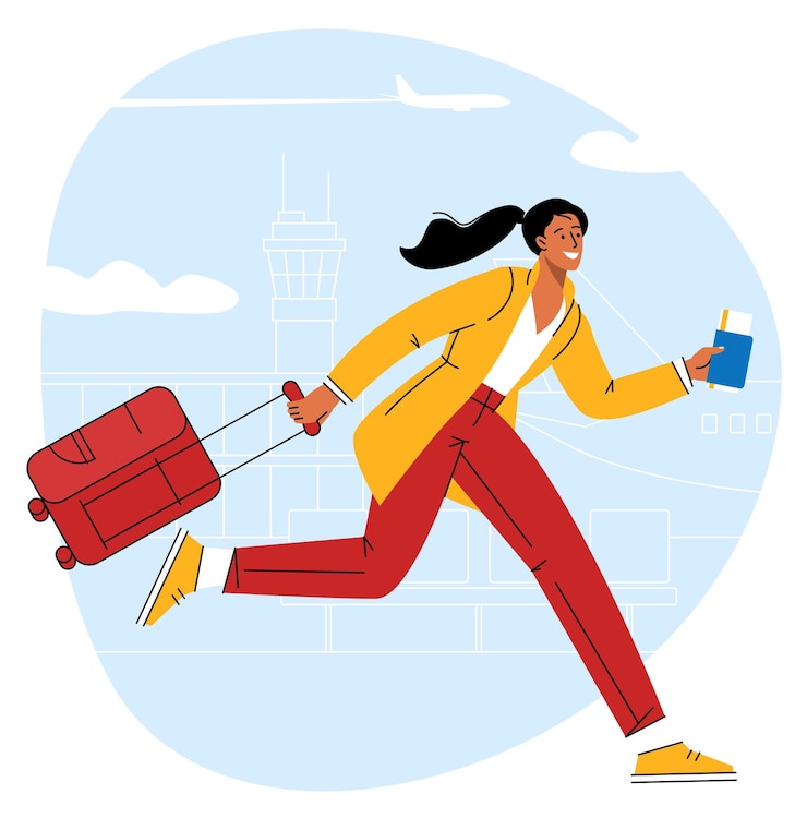 Vecteur femme qui court en hâte à l'embarquement