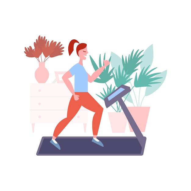 Femme qui court sur tapis roulant à la maison illustration vectorielle Femme sportive faisant du cardio à l'intérieur de la maison