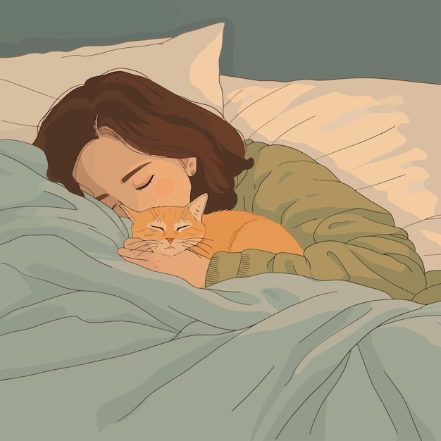 Vecteur une femme qui dort avec un chat. un sommeil doux et sain.