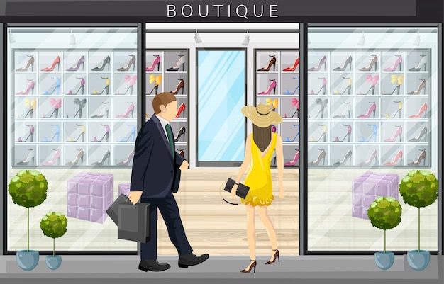 Vecteur femme qui marche dans une illustration de style plat de magasin de chaussures magasin