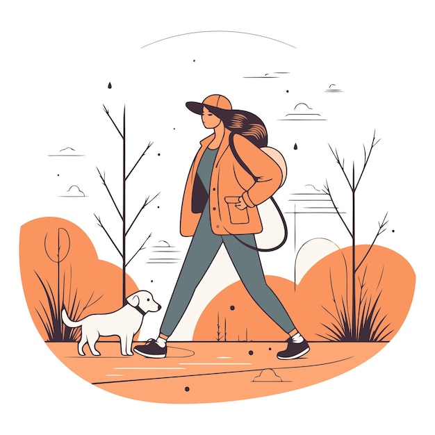 Vecteur femme qui se promène avec un chien dans le parc illustration vectorielle de style plat