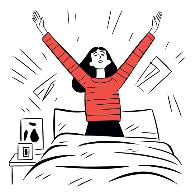 Vecteur une femme qui se réveille le matin en s'étirant dans le lit.