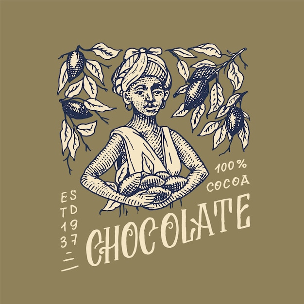 Vecteur une femme a récolté des fèves de cacao. grains de chocolat. badge vintage ou logo pour t-shirts, typographie, boutique ou enseignes. croquis gravé dessiné à la main.