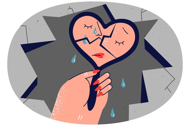 Vecteur femme regardant dans un miroir brisé pleurant de problèmes psychologiques ou mentaux une femme malheureuse souffre d'insécurité et d'autodestruction illustration vectorielle