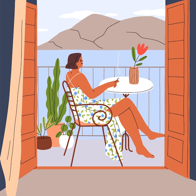 Vecteur femme relaxante au balcon avec vue sur la nature. fille contemplant le paysage, paysage avec mer et montagne, assise sur une chaise à la maison pendant les vacances d'été, vacances détente. illustration vectorielle plane.