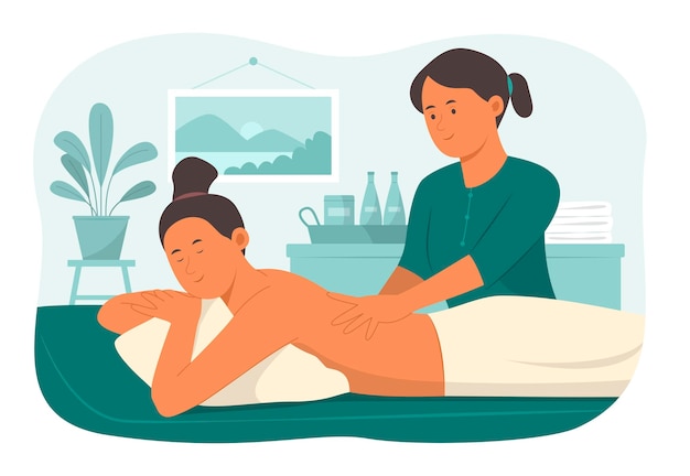 Vecteur femme relaxante avec massage du corps dans le salon spa
