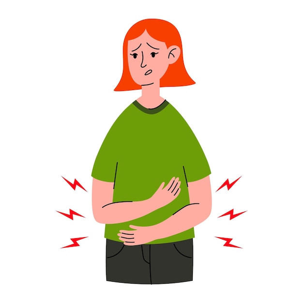 Vecteur la femme ressent des douleurs à l'estomac, de la diarrhée ou de la constipation, des maladies et des maladies de l'abdomen, des douleurs menstruelles.