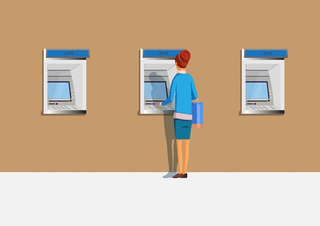 Femme retirant de l'argent d'un guichet automatique L'emplacement du service se trouve dans un certain nombre de kiosques publics