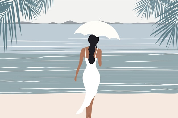 Vecteur femme en robe blanche tenant un parapluie marchant sur la plage été fond illustration vectorielle su