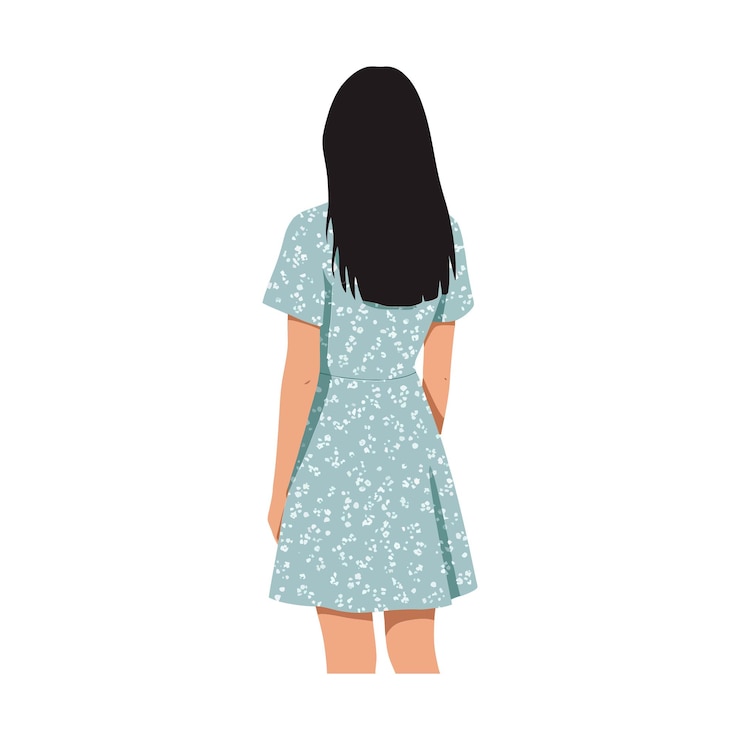 Vecteur femme en robe florale debout gracieusement avec le dos tourné plat illustration vectorielle montrant la simplicité et l'élégance dans le style de conception de l'art vectoriel