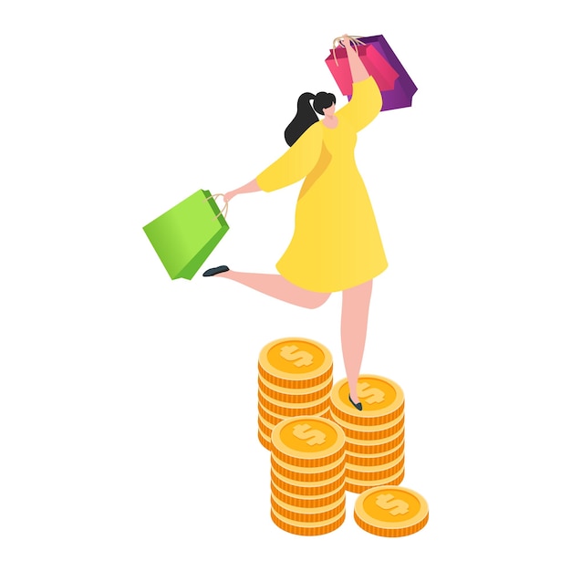 Vecteur femme en robe jaune debout sur une pile de pièces de monnaie tenant des sacs à l'achat concept de consommation et succès financier illustration vectorielle de la richesse et du shopping