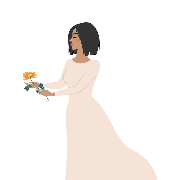 Vecteur femme en robe longue avec une fleur dans les mains illustration vectorielle