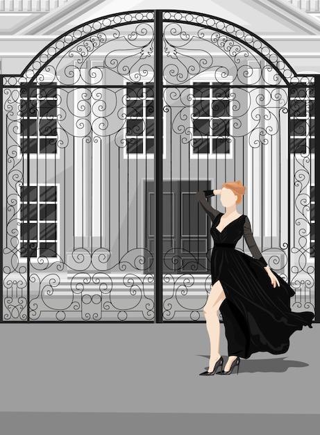 Femme En Robe Noire Posant Devant Les Portes Du Château