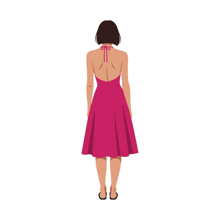 Vecteur femme en robes de soleil roses se tenant gracieusement par derrière dans un style d'art vectoriel à la conception plate montrant l'élégance et la simplicité dans l'art vector de l'illustration de la mode