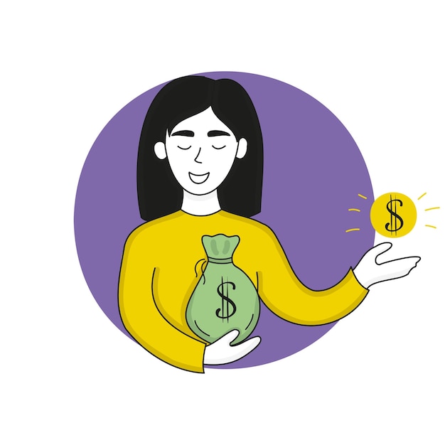 Femme avec sac d'argent et cent Dollar signe gestion financière épargne bancaire dépôt investissement monnaie banque Illustration vectorielle en jaune et violet sur fond blanc