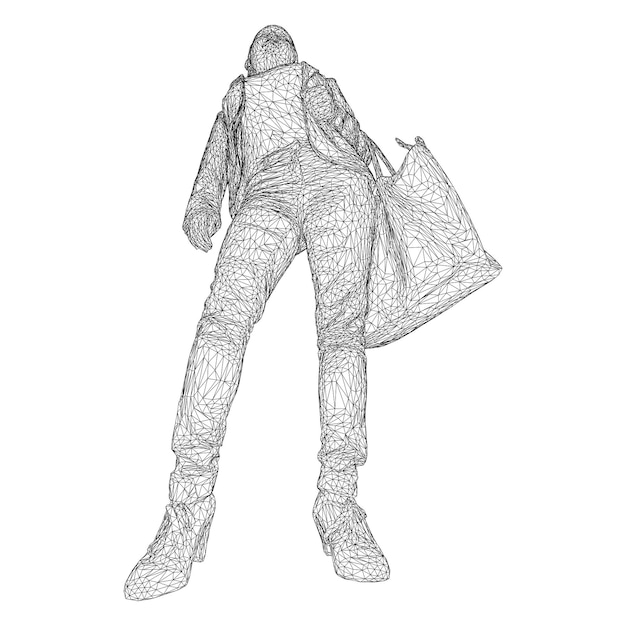 Une Femme Avec Un Sac Sur Sa Main Pliée. Illustration Vectorielle D'un Maillage Triangulaire Noir Sur Fond Blanc.