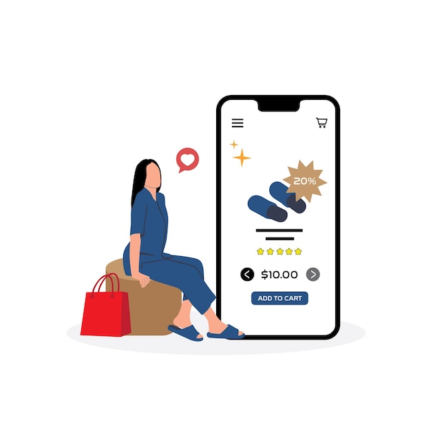 Femme avec des sacs d'achat et un téléphone portable Illustration vectorielle en style plat