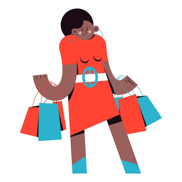 Femme Avec Des Sacs à Provisions Vector Illustration De Dessin Animé Isolée Sur Fond Blanc.