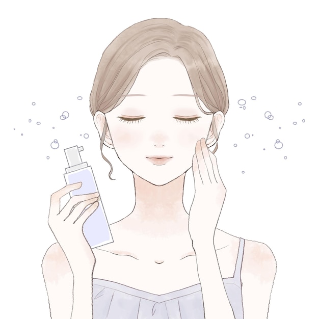 Vecteur femme saupoudrée de lotion de type brume sur le visage. sur un fond blanc.