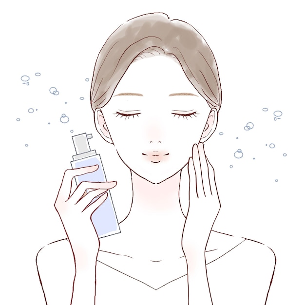 Vecteur femme saupoudrée de lotion de type brume sur le visage. sur un fond blanc.