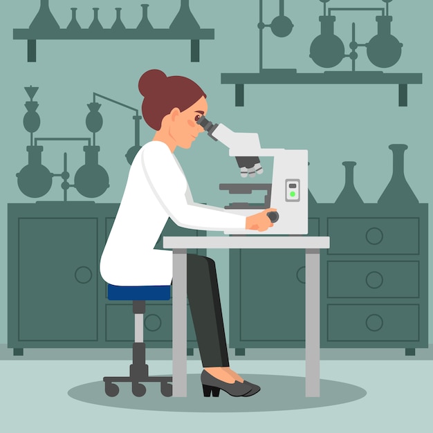 Femme scientifique faisant des recherches en biologie à l'aide d'un microscope. Biologiste féminine sur le lieu de travail. Équipement de laboratoire . Design plat