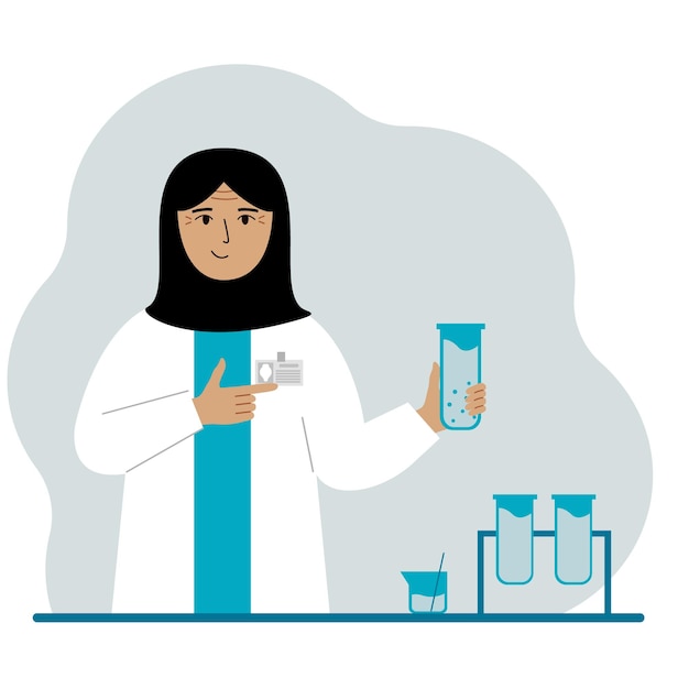 Femme Scientifique Musulmane Avec Des Flacons Scientifique Expérimental Assistant De Laboratoire Biochimie Recherche Scientifique Chimique Vector Illustration Plate