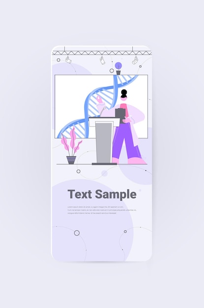 Femme Scientifique Prononçant Un Discours De La Tribune Test Adn Concept De Conférence Médicale De Génie Génétique