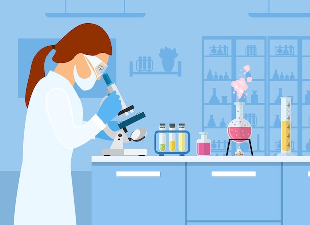 Femme scientifique regardant au microscope, étudiant le coronavirus 2019-nCoV, avec fond de laboratoire et d'équipement . Assistante de laboratoire féminine travaillant à la table dans des verres potentiels.