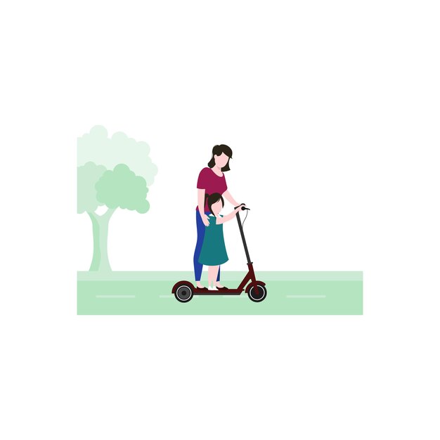 Vecteur une femme sur un scooter avec une fille dessus.