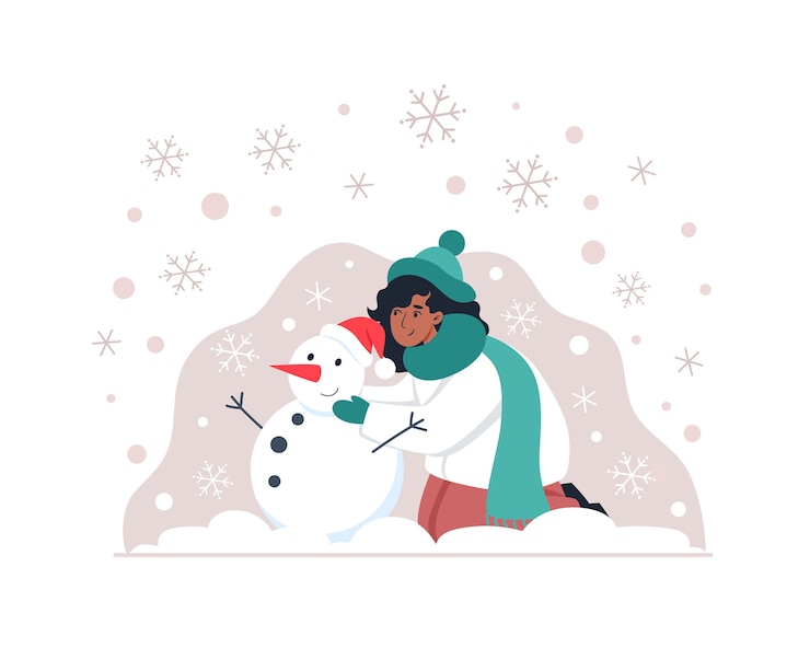 Vecteur femme sculpte un bonhomme de neige