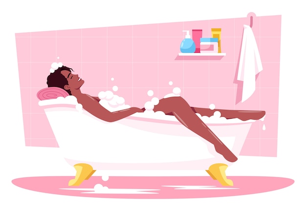 Vecteur femme se baignant illustration couleur semi rvb. soirée choyer et détente. détente dans la salle de bain. bain moussant. dame africaine en personnage de dessin animé de bain à remous sur fond rose