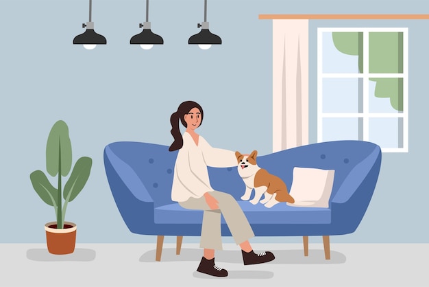 Une femme se détend avec son Corgi