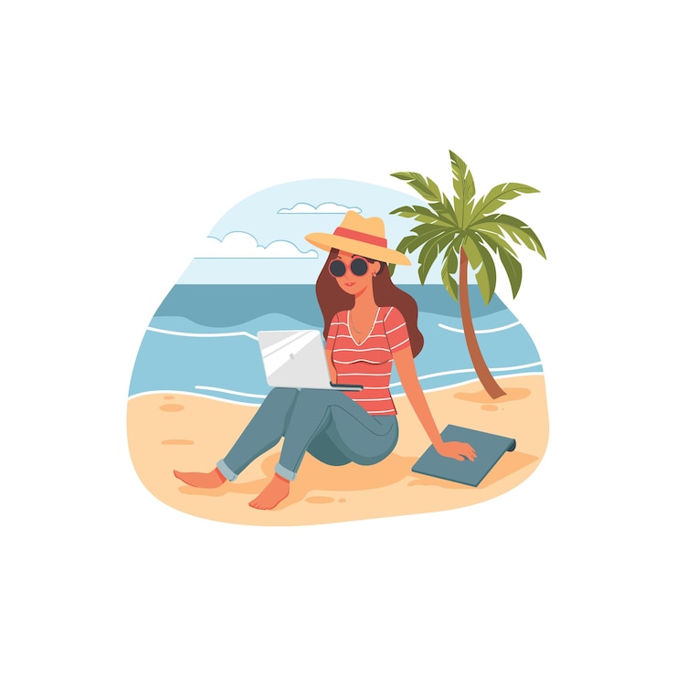 Vecteur femme se détendant et travaillant sur la plage design d'illustration vectorielle