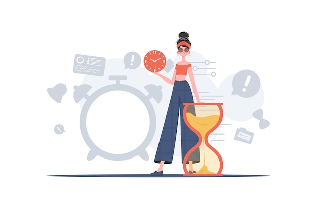 Vecteur une femme se tient en pleine croissance et tient une montre dans ses mains élément de gestion du temps pour la présentation illustration vectorielle