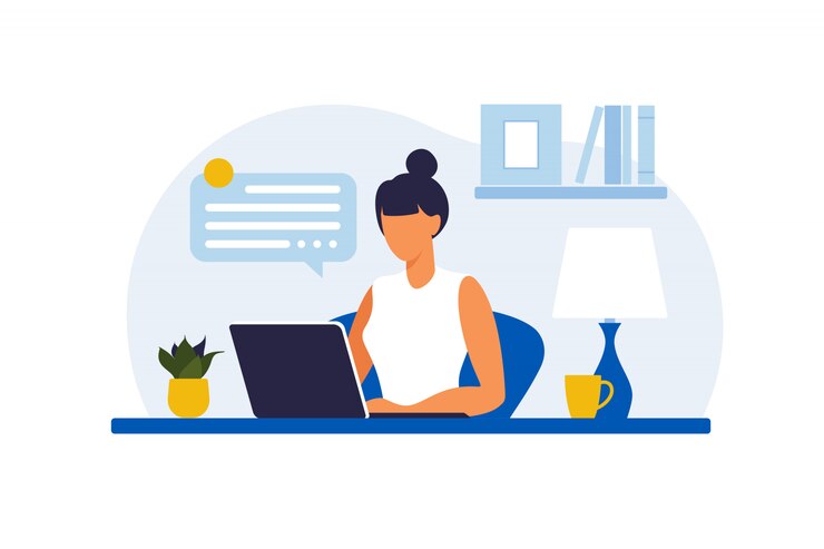 Femme, séance, table, ordinateur portable Travailler sur un ordinateur. Freelance, éducation en ligne ou concept de médias sociaux. Travail à domicile, travail à distance. Style plat. illustration.