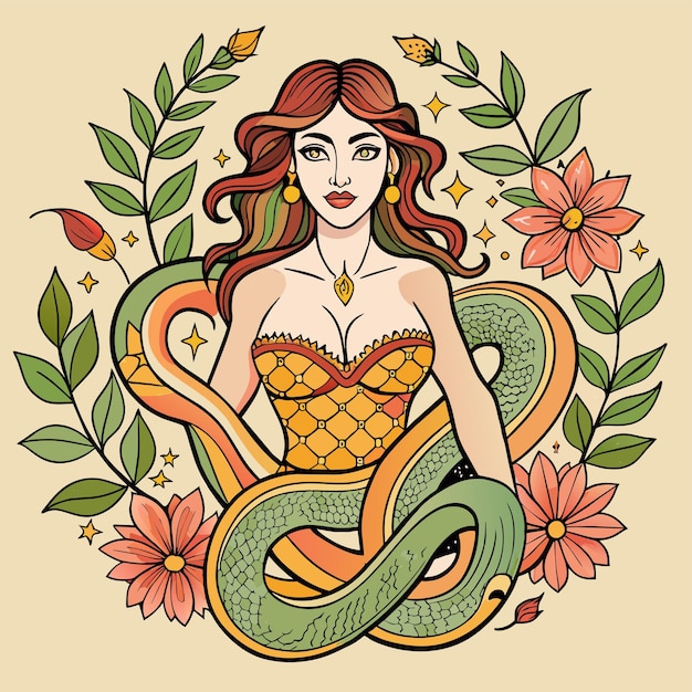 Une Femme Avec Un Serpent Dans Ses Cheveux Est Assise Dans Un Cercle Avec Des Fleurs Et Un Serpent