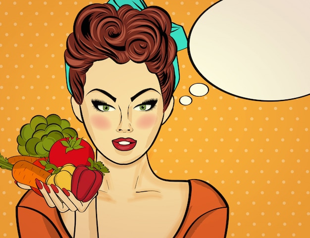 Femme Sexy Pop Art Avec Des Légumes à La Main