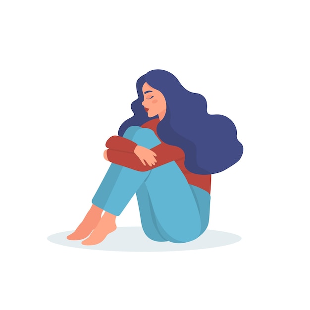 Vecteur une femme solitaire triste et déprimée est assise et serre ses genoux illustration vectorielle concept de dépression et d'anxiété de la santé mentale la fille a besoin de l'aide d'un psychothérapeute et d'un psychologue