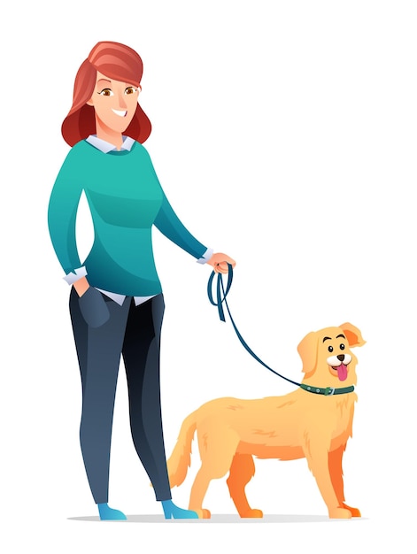 Vecteur femme avec son illustration de dessin animé de chien bien-aimé