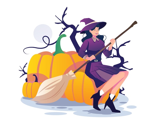 Femme Sorcière Tenant Un Balai Et Assis Sur Une Illustration De Concept De Citrouille D'halloween Géante