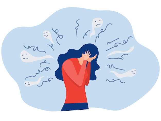 la femme souffre ou stressée tient la tête entourée de penséesproblème ressent l'anxiété